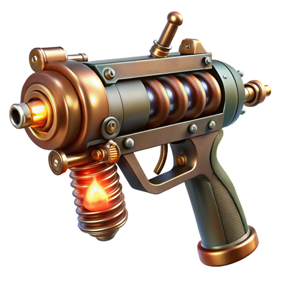 playful enchanting Steampunk ray gun with glowing vacuum tubes and copper wiring. NO BACKGROUND with Transparent Background. professional png