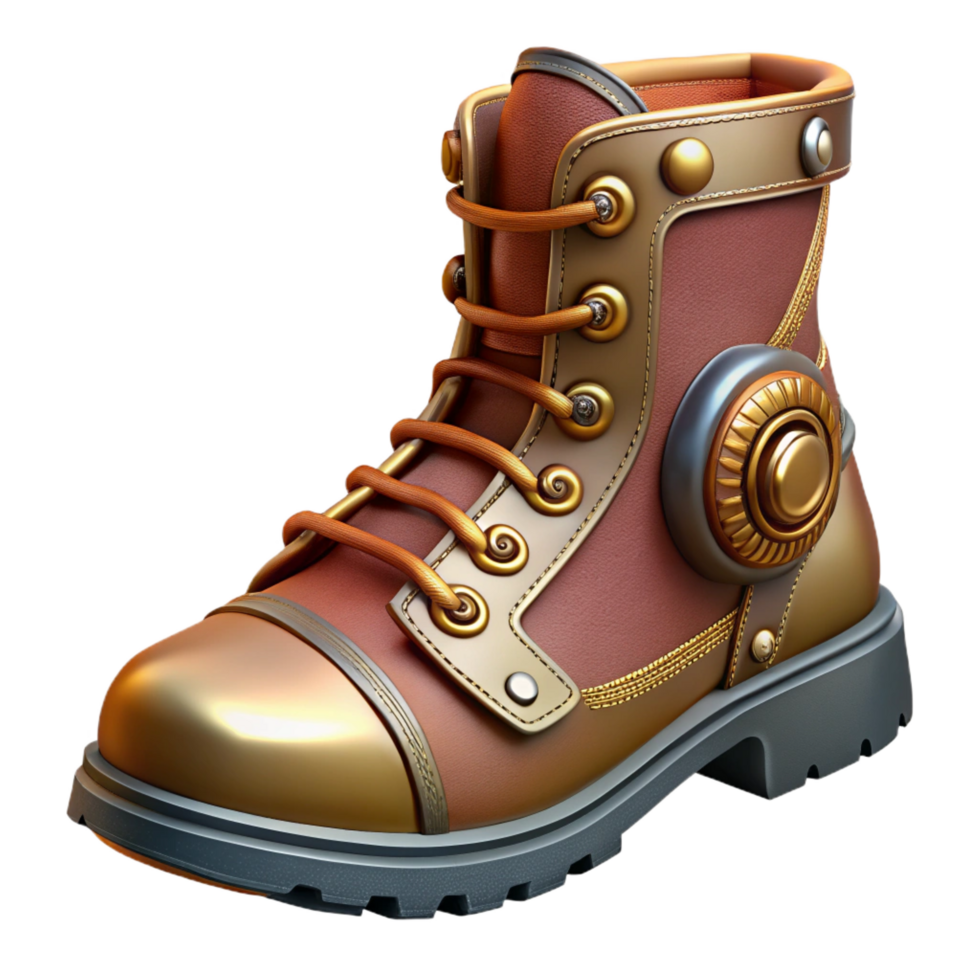 immaculate vintage Steampunk boot with metal plating and intricate leatherwork. NO BACKGROUND with Transparent Background. handcrafted png