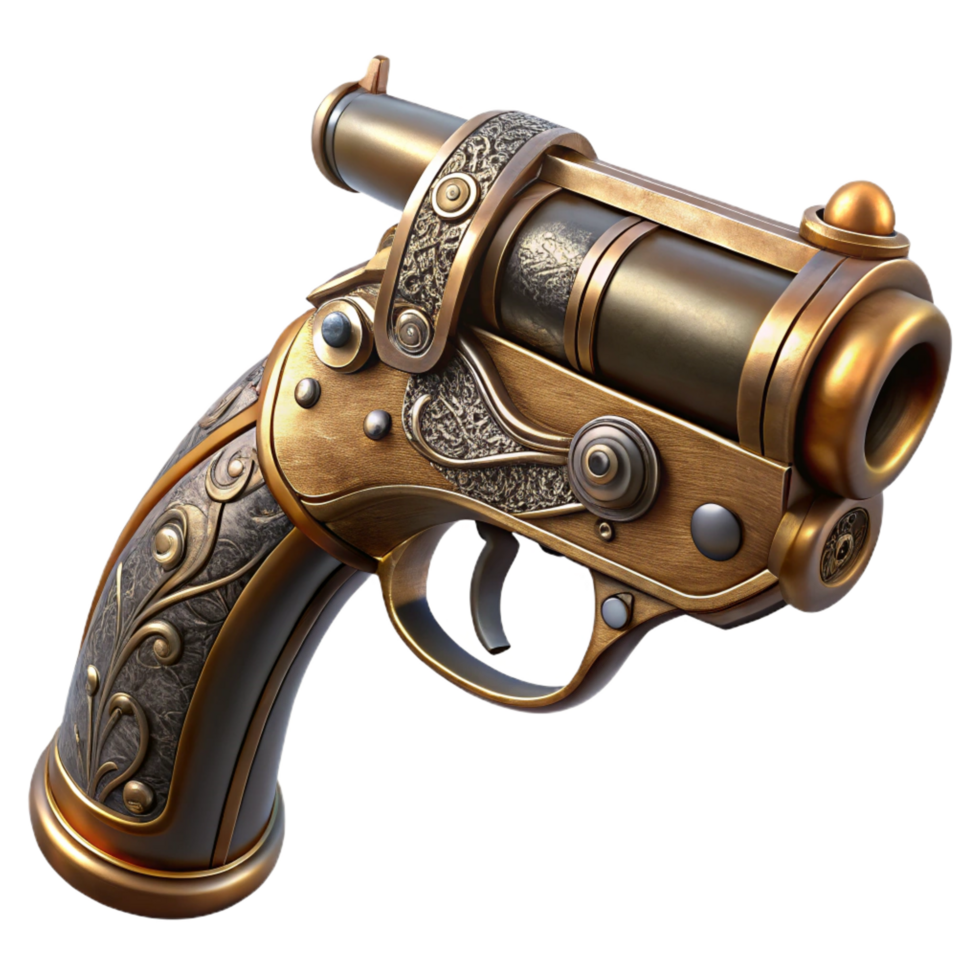 striking acclaimed Steampunk pistol with ornate engravings and a brass barrel. NO BACKGROUND with Transparent Background. png