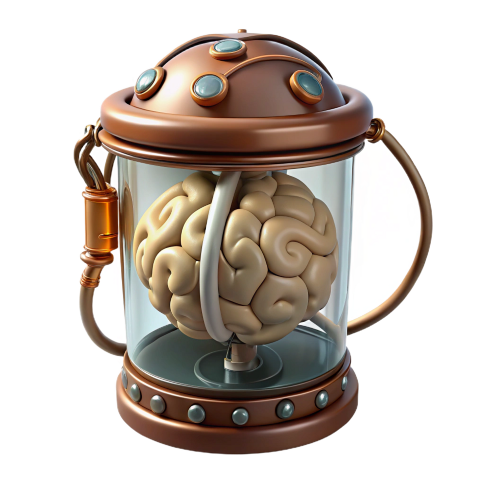 rare mid-century Steampunk brain in a jar with wires and electrodes. NO BACKGROUND with Transparent Background. handcrafted png