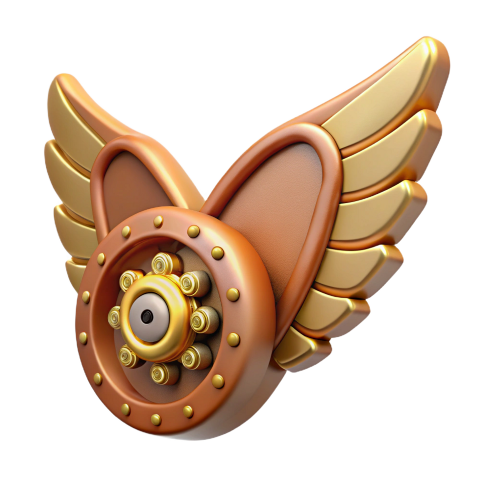 romantic gorgeous Steampunk wing made of clockwork gears and leather membranes. NO BACKGROUND with Transparent Background. crisp png