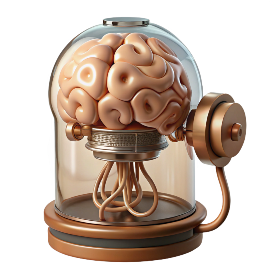 intense magnificent Steampunk brain in a jar with wires and electrodes. NO BACKGROUND with Transparent Background. top-tier png