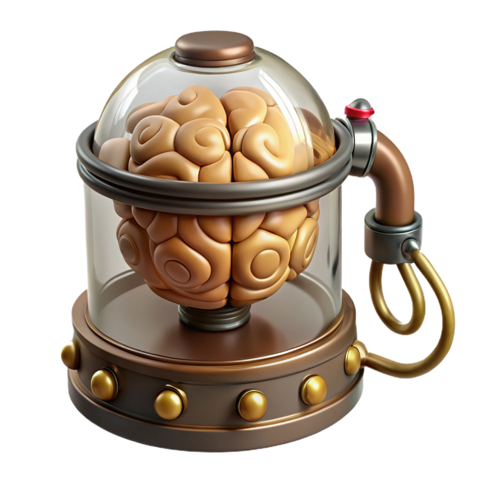 radiant dramatic rustic Steampunk brain in a jar with wires and electrodes. NO BACKGROUND with Transparent Background. studio quality png