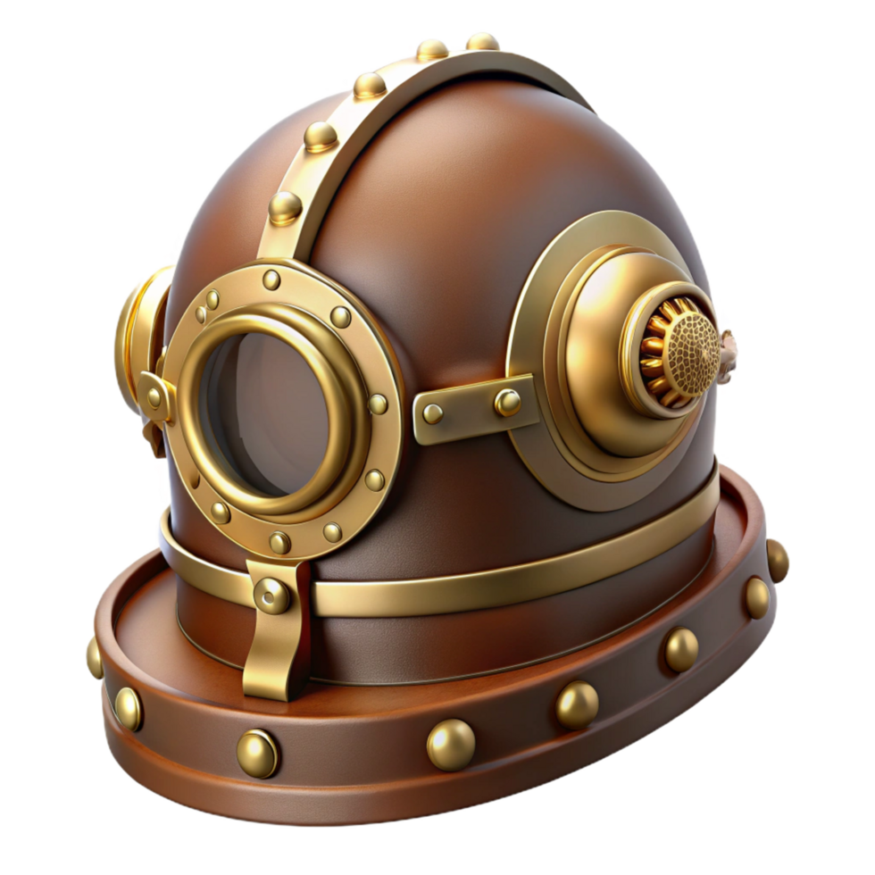 whimsical enchanting Steampunk helmet with a visor and brass ornamentation. NO BACKGROUND with Transparent Background. impeccable png
