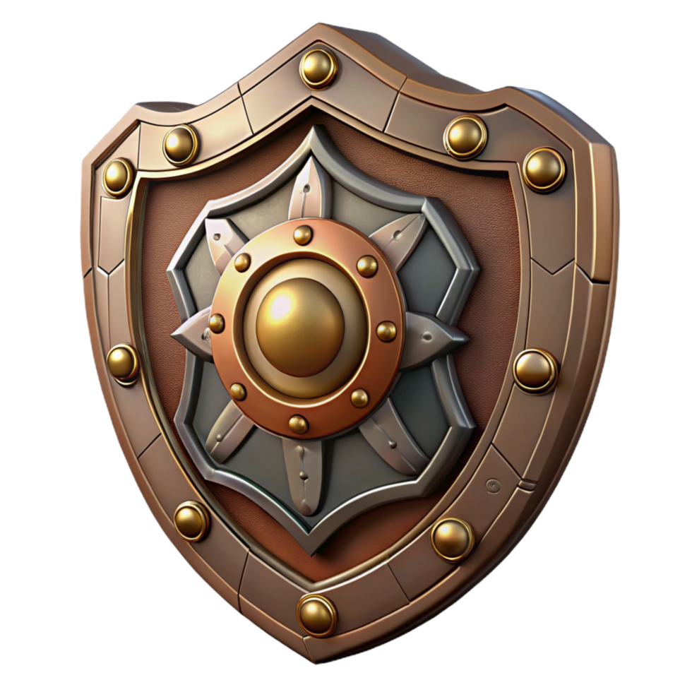 whimsical enchanting Steampunk shield with intricate metalwork and a central emblem. NO BACKGROUND with Transparent Background. genuine png