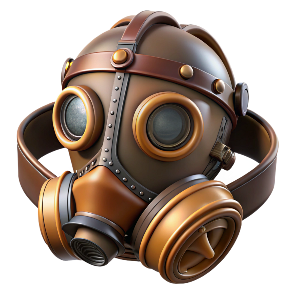 pristine inspired Steampunk gas mask with intricate filters and a leather strap. NO BACKGROUND with Transparent Background. png