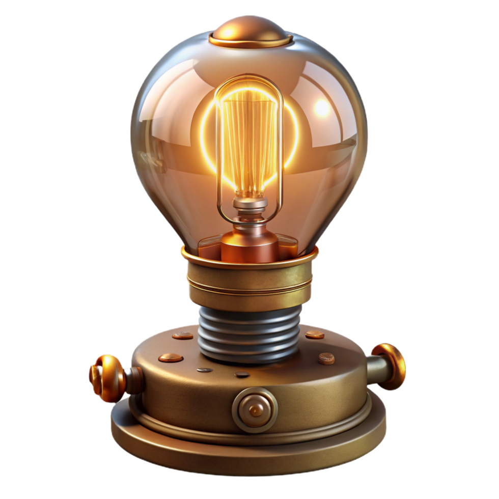 immaculate whimsical renaissance Steampunk lightbulb with glowing filaments and a brass base. NO BACKGROUND with Transparent Background. impeccable png