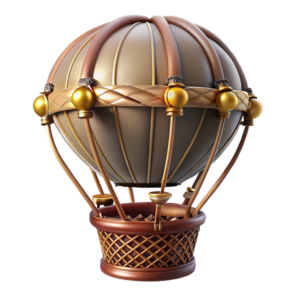 mesmerizing memorable Steampunk hot air balloon basket with intricate wickerwork and brass fittings. NO BACKGROUND with Transparent Background. png