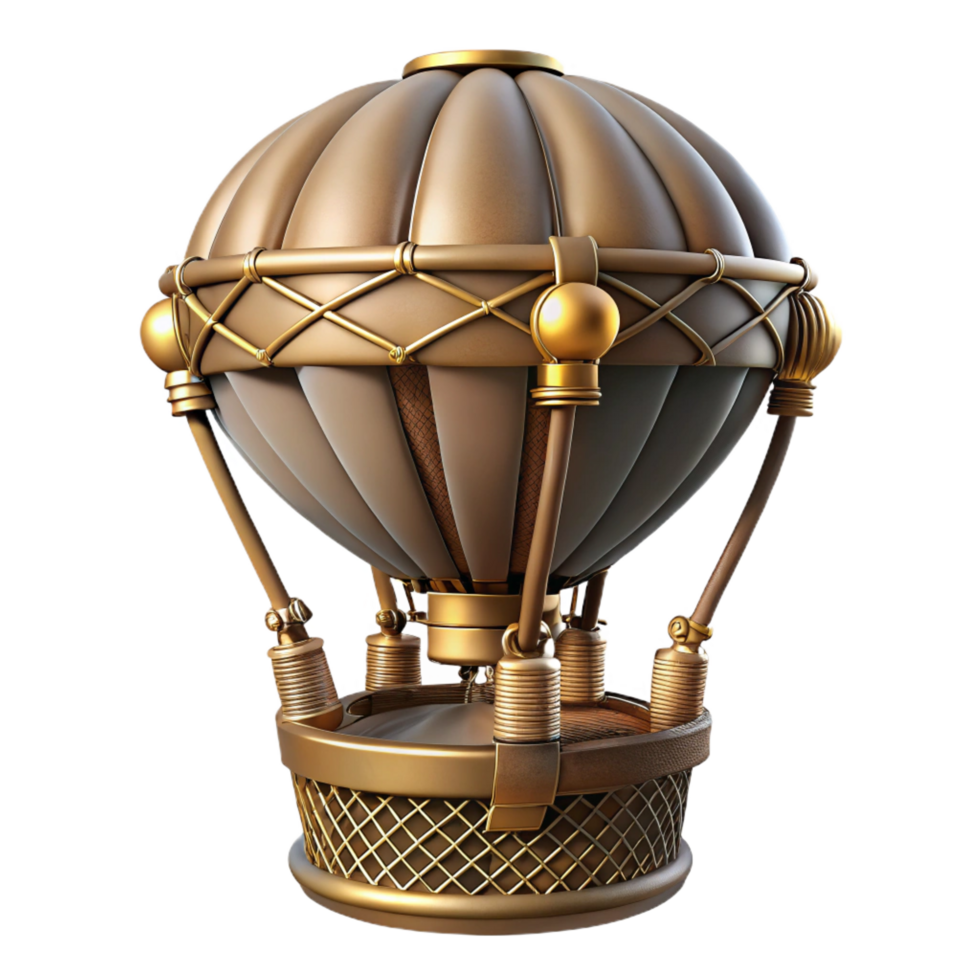 signature avant-garde Steampunk hot air balloon basket with intricate wickerwork and brass fittings. NO BACKGROUND with Transparent Background. sharp png