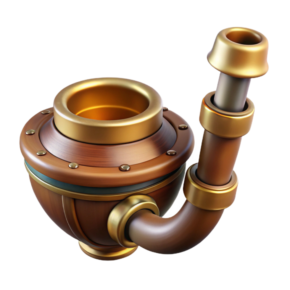 memorable avant-garde Steampunk pipe with a brass bowl and a wooden stem. NO BACKGROUND with Transparent Background. original png