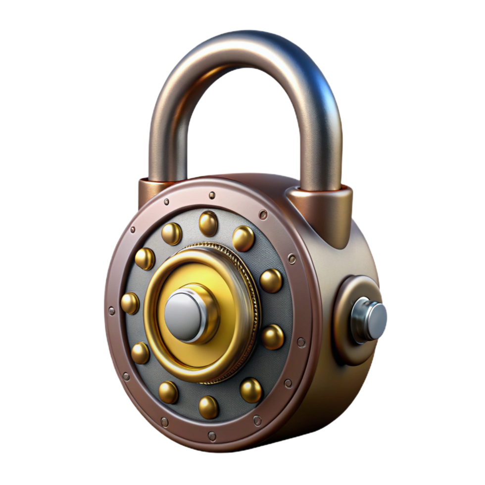 intense striking Steampunk padlock with a combination dial and brass casing. NO BACKGROUND with Transparent Background. 4K png