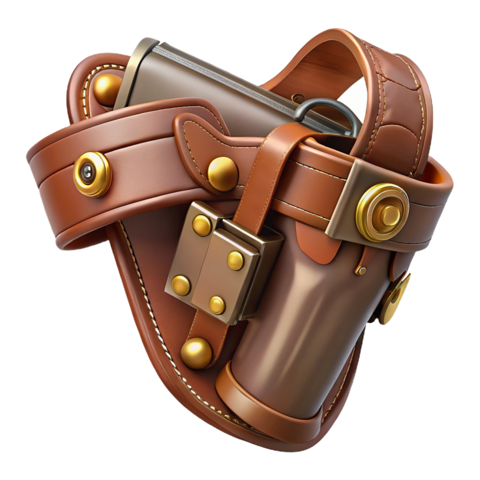 peaceful impressive Steampunk pistol holster with leather straps and brass buckles. NO BACKGROUND with Transparent Background. original png