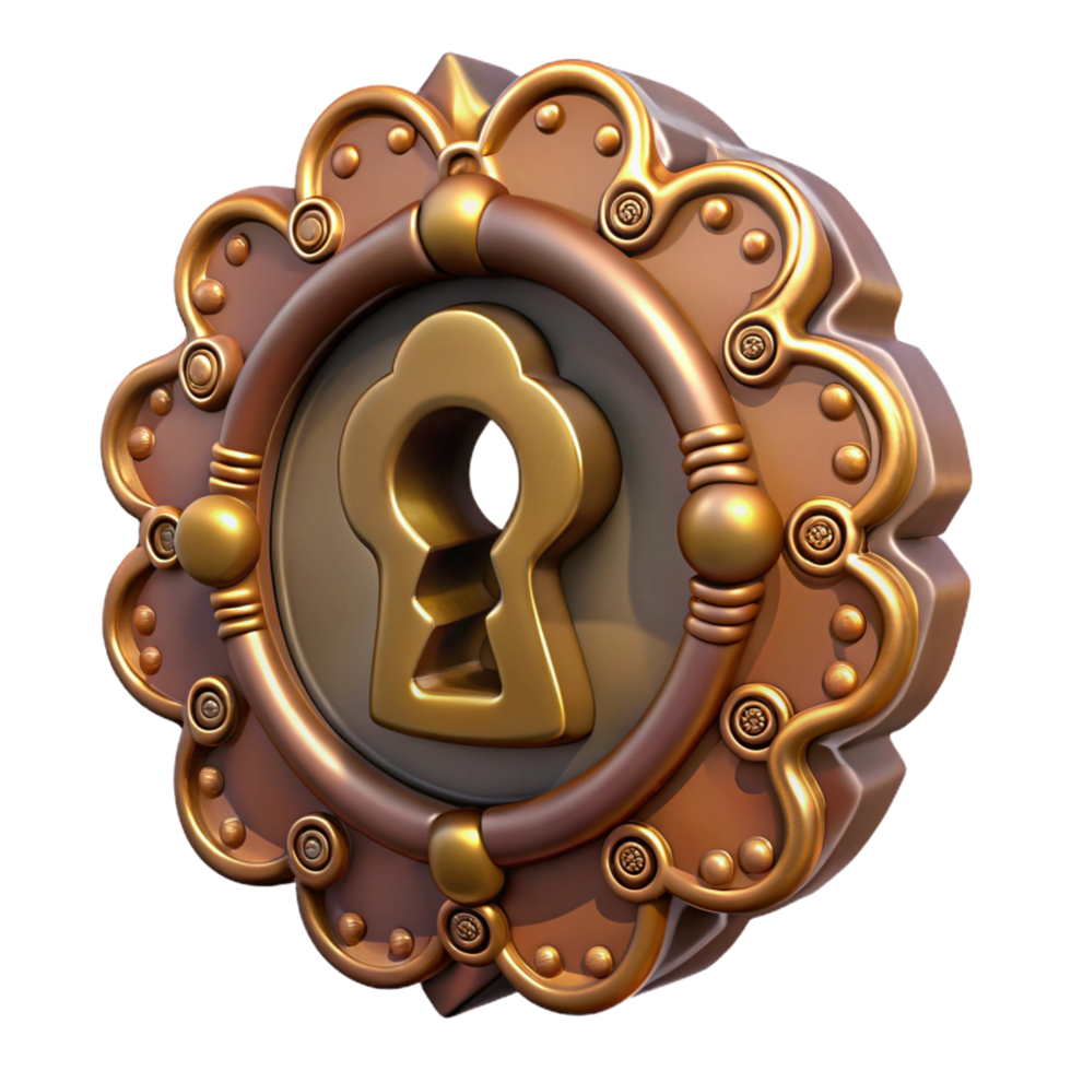 radiant urban Steampunk keyhole with intricate carvings and a hidden mechanism. NO BACKGROUND with Transparent Background. museum quality png