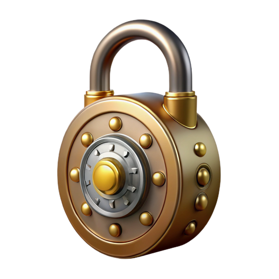 standout abstract Steampunk padlock with a combination dial and brass casing. NO BACKGROUND with Transparent Background. detailed png