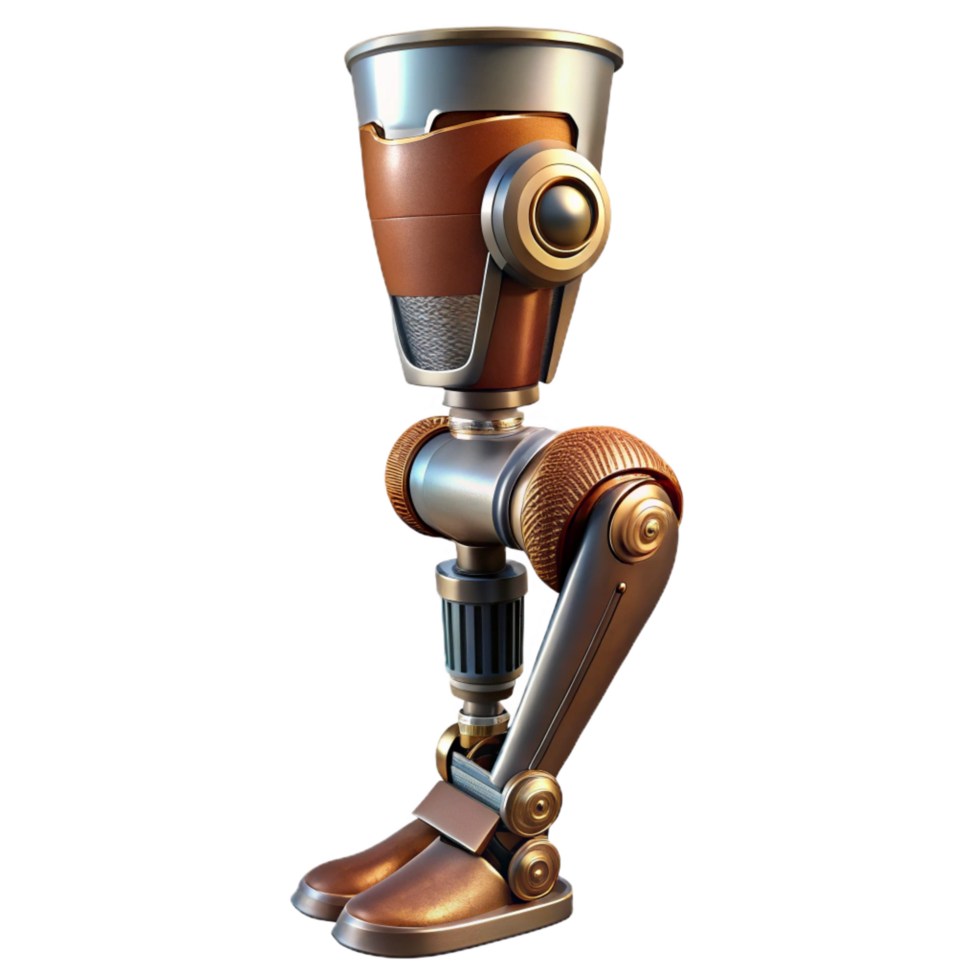 magnificent industrial Steampunk prosthetic leg with articulated joints and metal plating. NO BACKGROUND with Transparent Background. 8K png