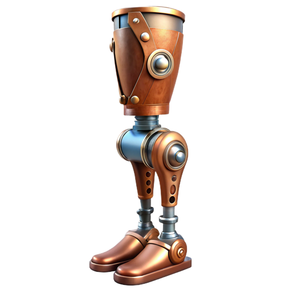 vibrant joyful urban Steampunk prosthetic leg with articulated joints and metal plating. NO BACKGROUND with Transparent Background. professional png