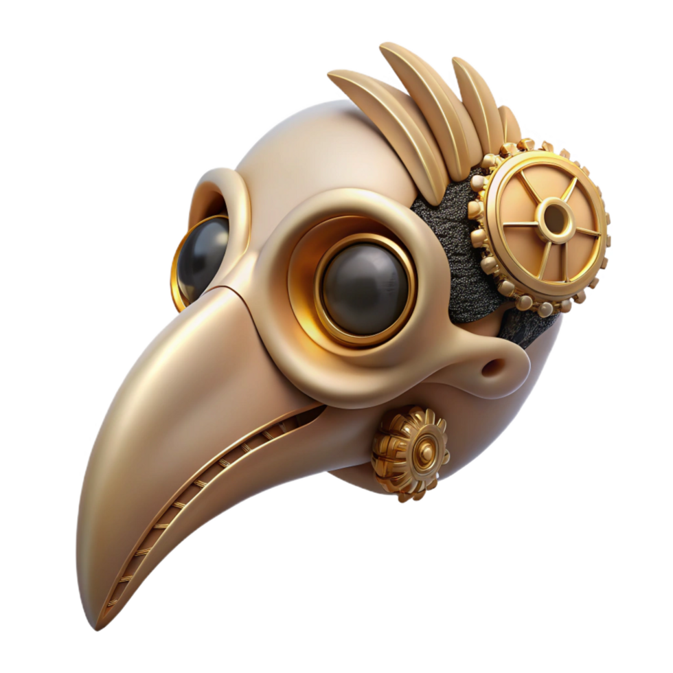 hypnotic energetic creative Steampunk bird skull with brass embellishments and gears. NO BACKGROUND with Transparent Background. masterfully captured png