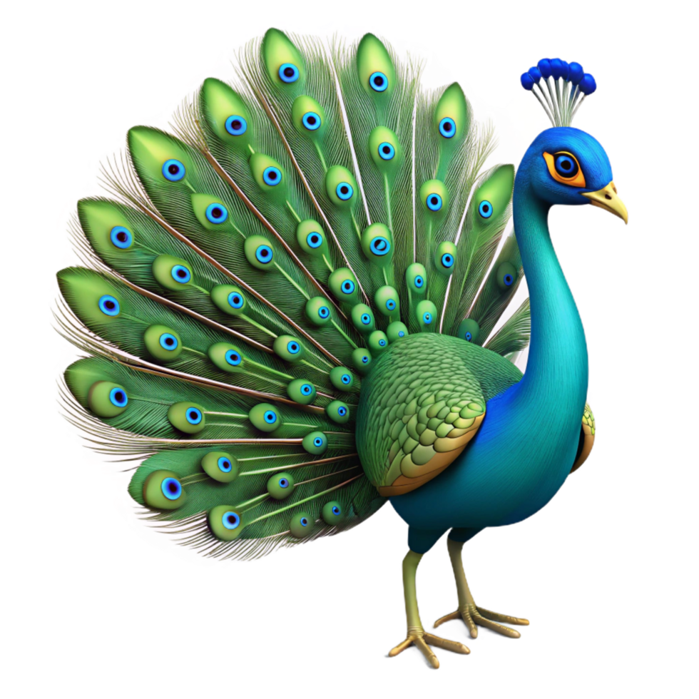 gorgeous calm artistic A peacock, male, with tail feathers displayed, NO BACKGROUND with Transparent Background. handcrafted png