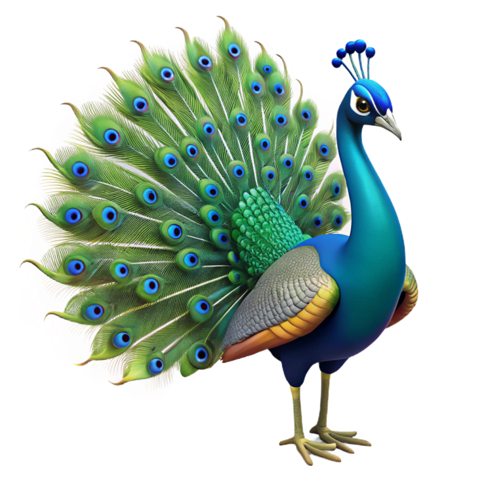 passionate glorious A peacock, male, with tail feathers displayed, NO BACKGROUND with Transparent Background. handcrafted png