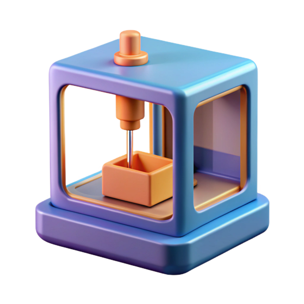 reflective splendid 3D printer printing a small object NO BACKGROUND with Transparent Background. studio quality png