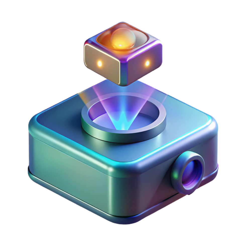 whimsical spectacular Holographic projector displaying a 3D model NO BACKGROUND with Transparent Background. fine detail png