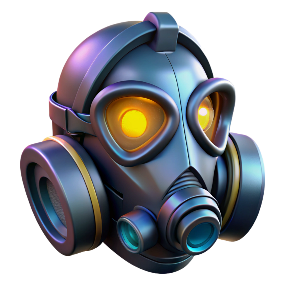impressive traditional Cyberpunk gas mask with glowing filters NO BACKGROUND with Transparent Background. studio quality png