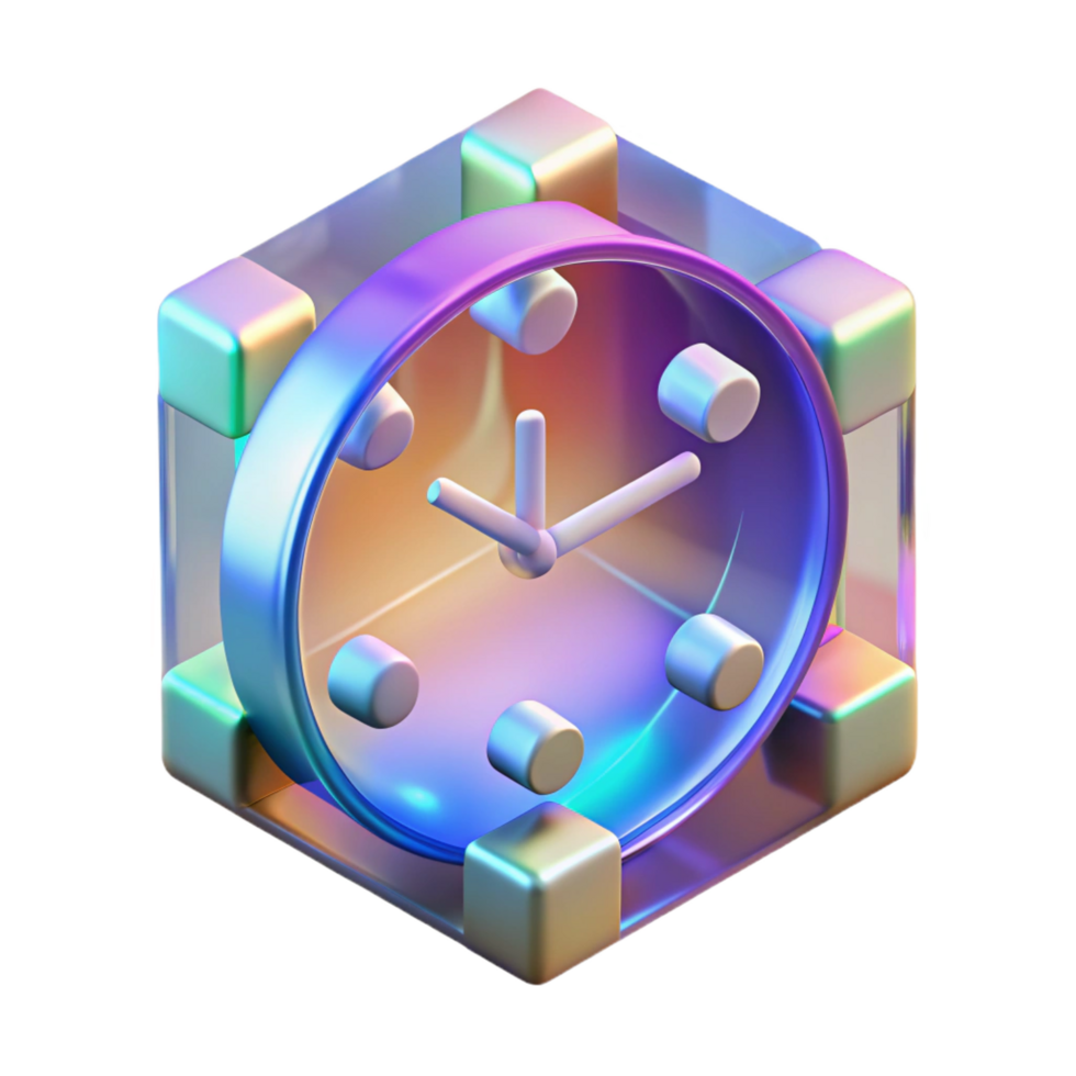 stunning playful art deco Holographic clock displaying time in multiple dimensions NO BACKGROUND with Transparent Background. ultra HD png