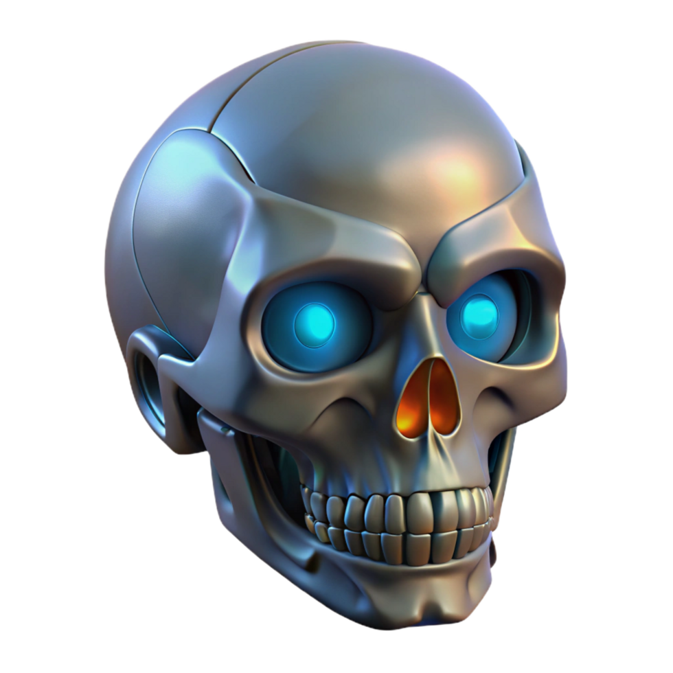 wonderful reflective abstract Cybernetic skull with glowing eyes NO BACKGROUND with Transparent Background. original png