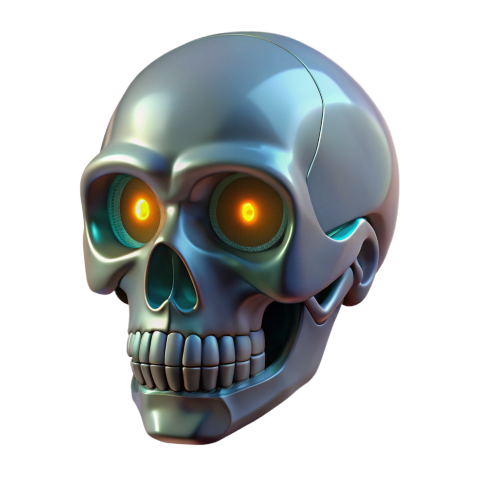 intense impressive Cybernetic skull with glowing eyes NO BACKGROUND with Transparent Background. gallery standard png