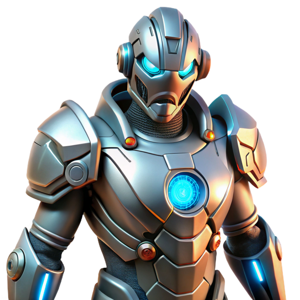 passionate pristine Advanced power armor suit with glowing energy accents NO BACKGROUND with Transparent Background. 4K png