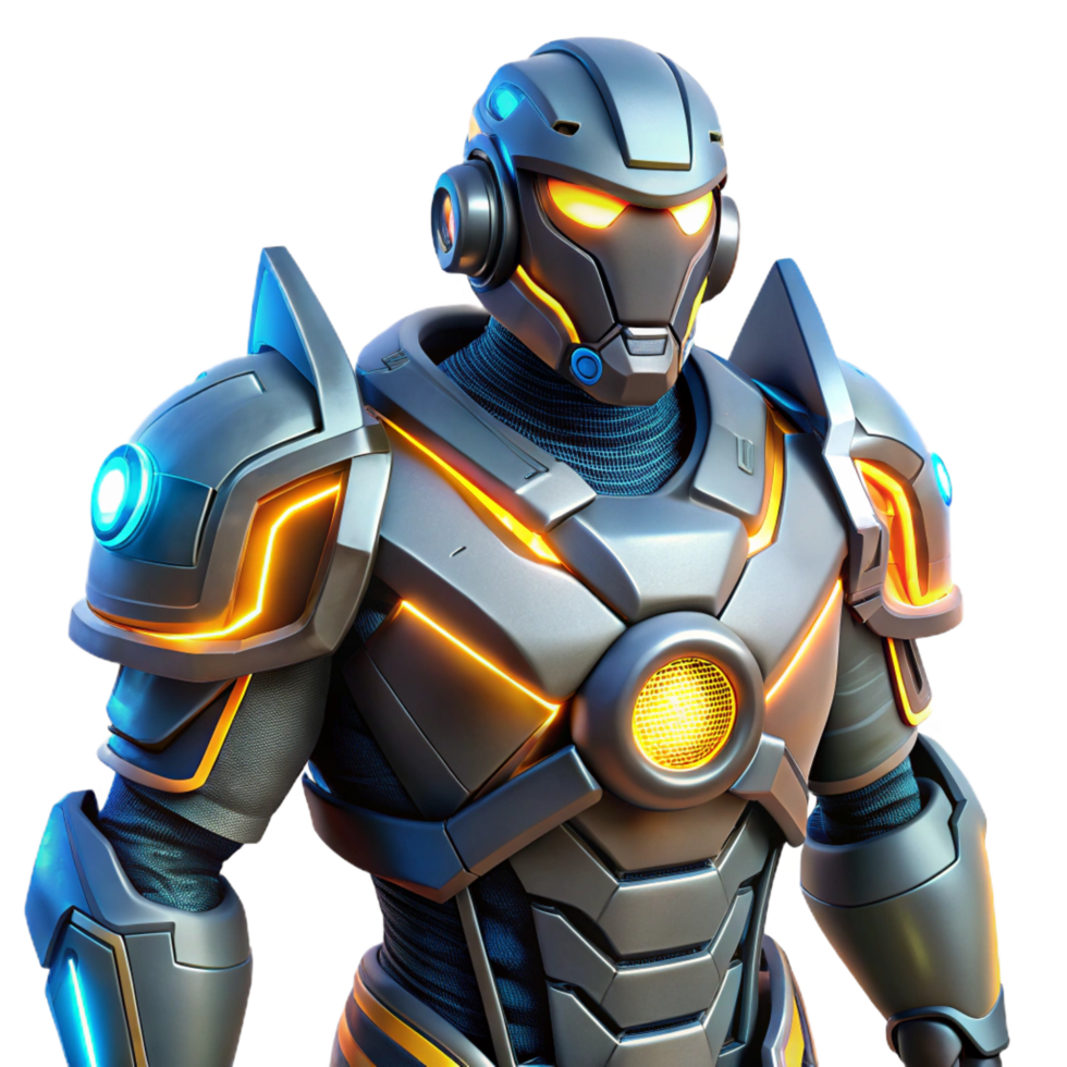 striking distinctive Advanced power armor suit with glowing energy accents NO BACKGROUND with Transparent Background. png