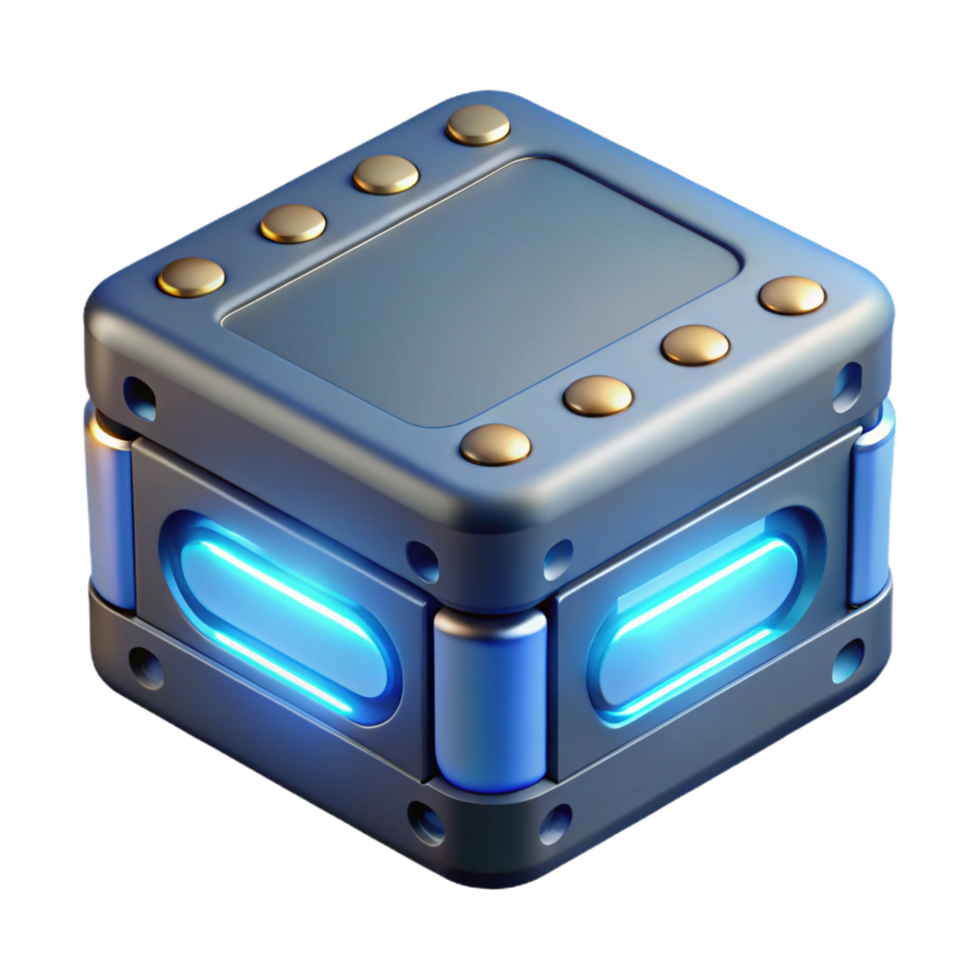playful striking High-tech data storage device with glowing LEDs NO BACKGROUND with Transparent Background. detailed png