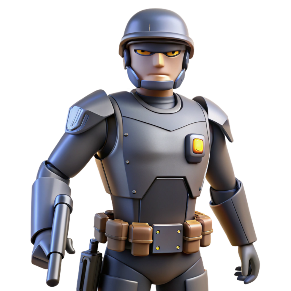 melancholic glorious Robotic security guard with weapon holster NO BACKGROUND with Transparent Background. refined png
