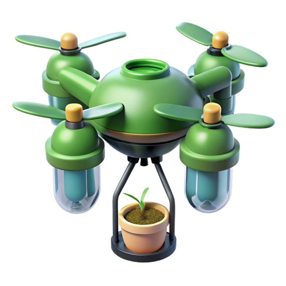 unparalleled retro Futuristic agricultural drone with seed dispensers NO BACKGROUND with Transparent Background. high quality png