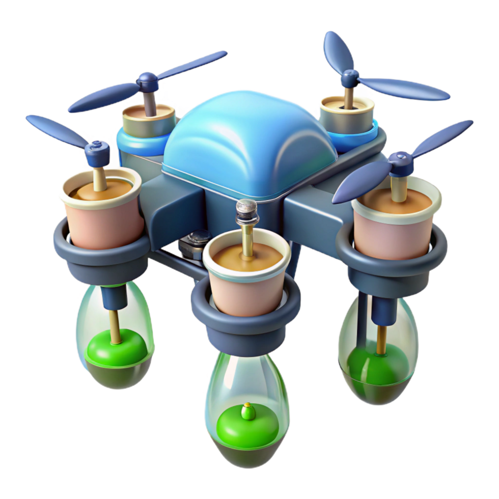 impressive harmonious tropical Futuristic agricultural drone with seed dispensers NO BACKGROUND with Transparent Background. crisp png