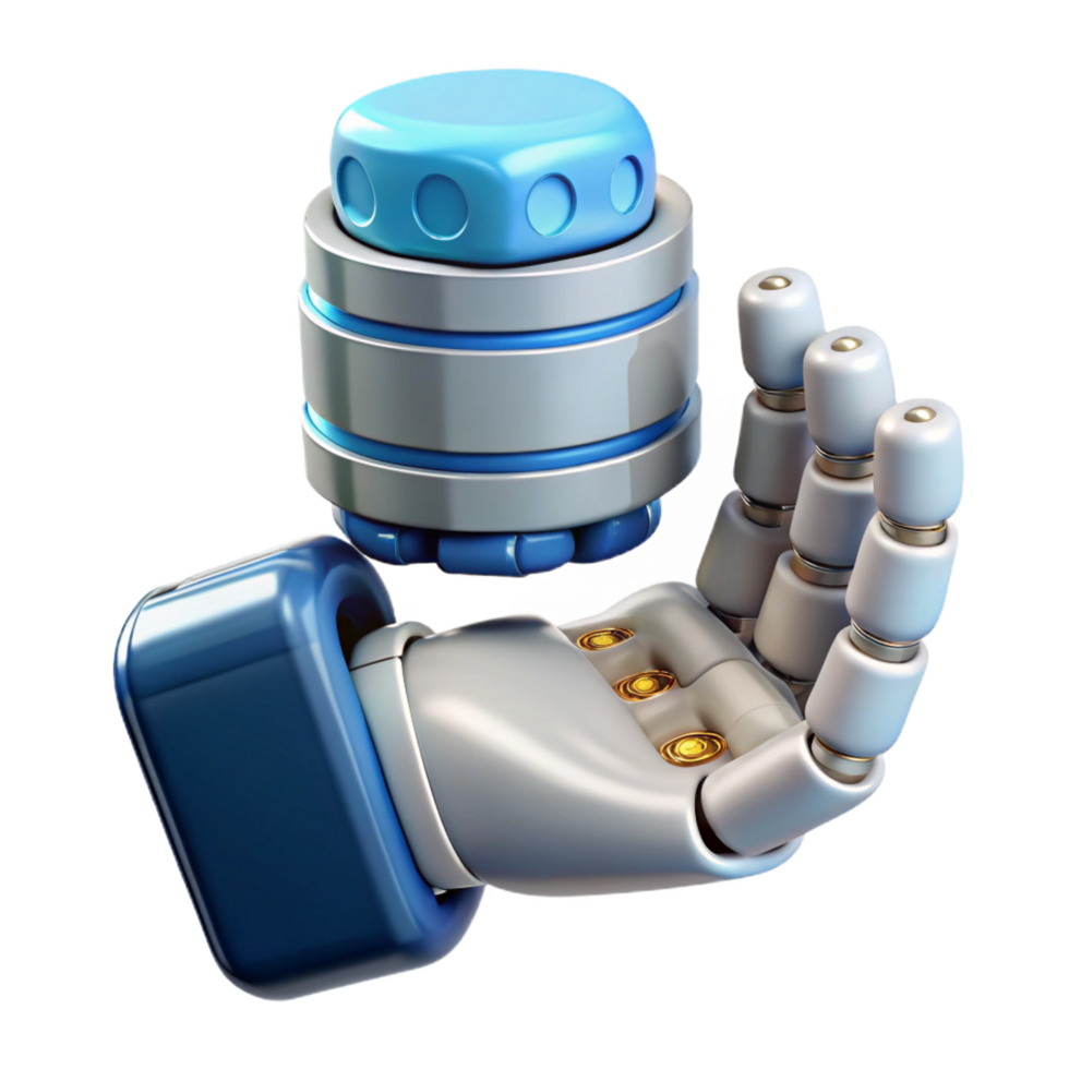 quintessential classic Robotic hand holding a futuristic data storage device NO BACKGROUND with Transparent Background. studio quality png