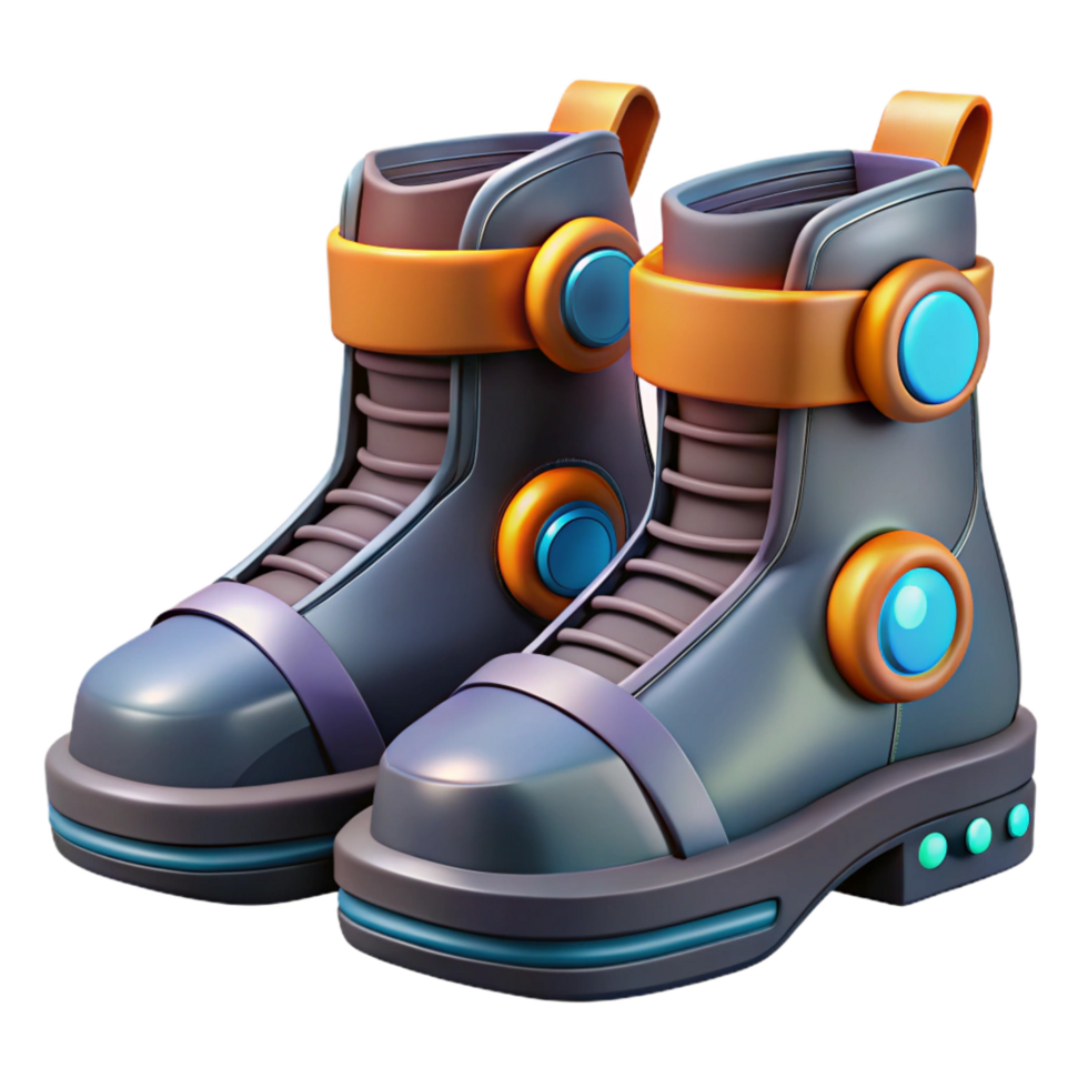spectacular reflective industrial Cyberpunk boots with magnetic soles NO BACKGROUND with Transparent Background. 4K png