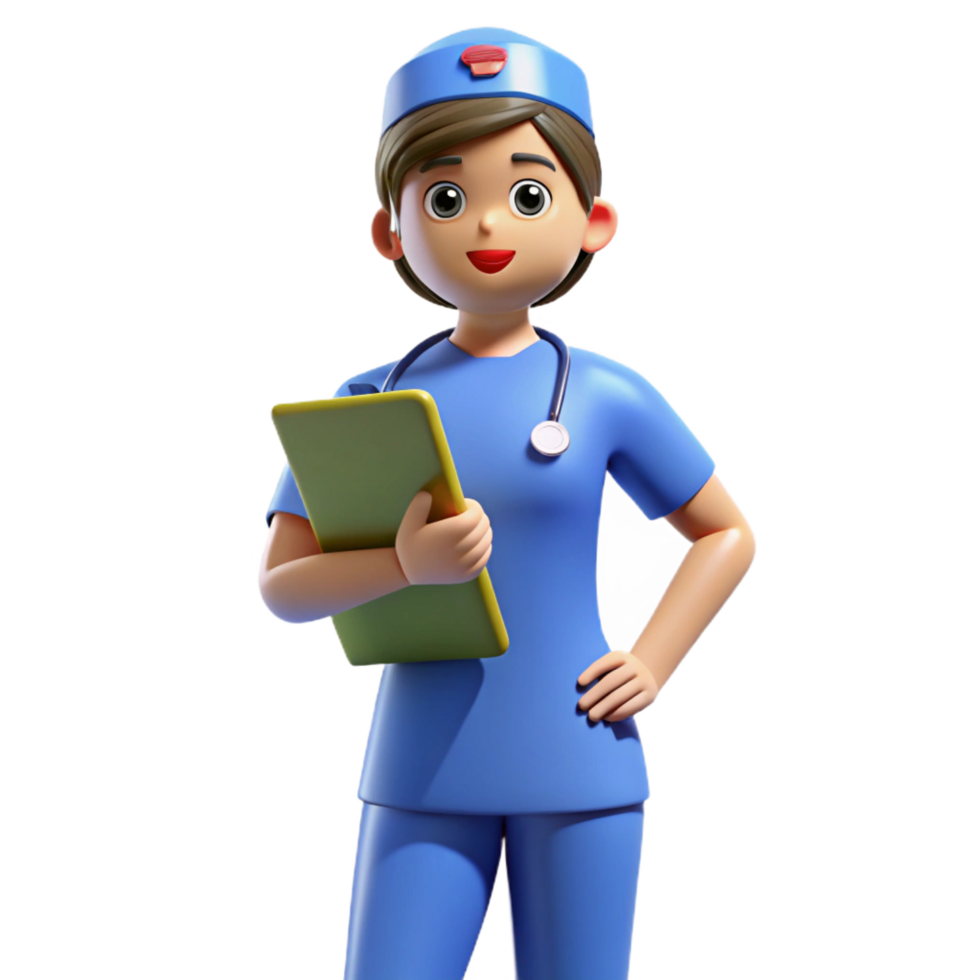 vibrant rare Nurse in scrubs with a clipboard. NO BACKGROUND with Transparent Background. png