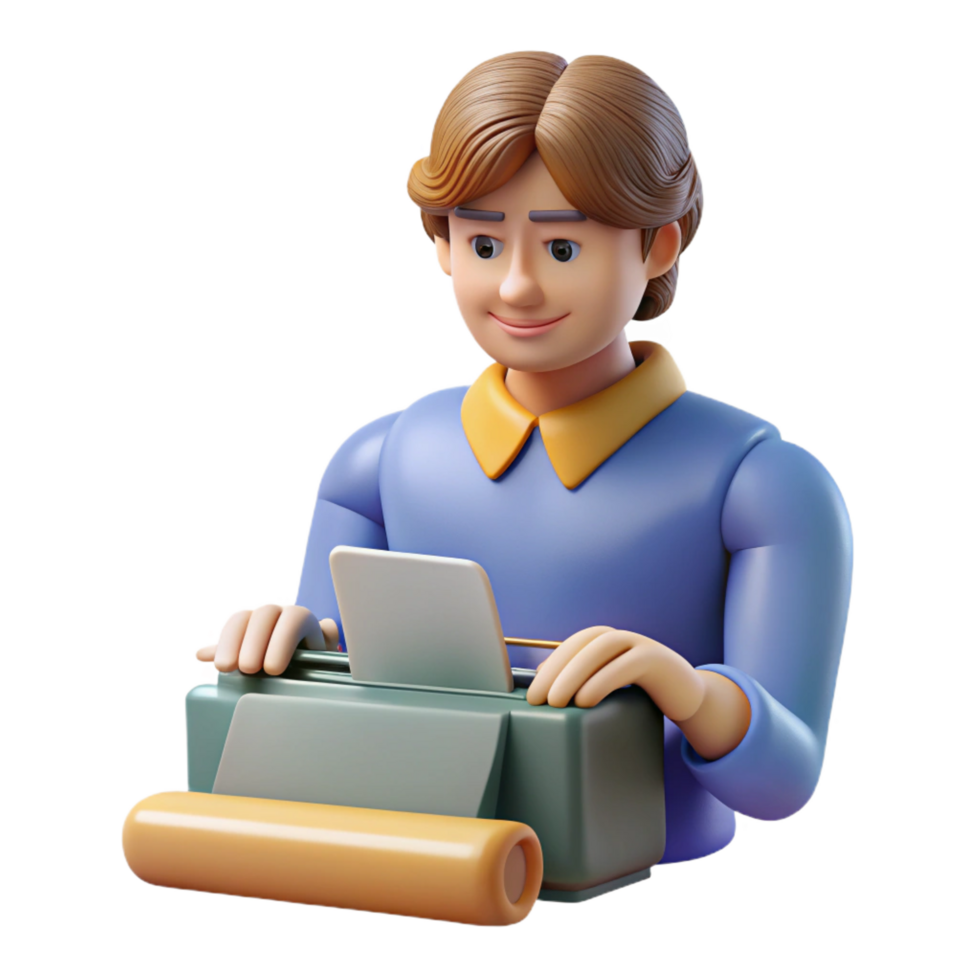 whimsical breathtaking Writer typing on a typewriter. NO BACKGROUND with Transparent Background. studio quality png