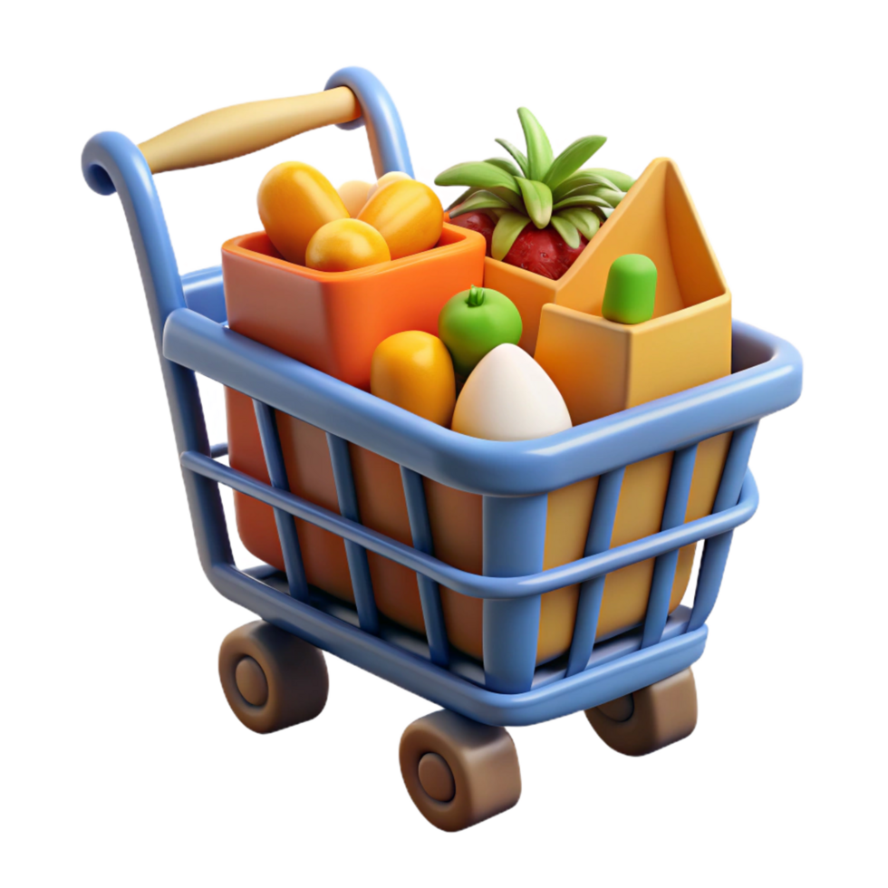 picturesque sought-after Shopping cart full of groceries. NO BACKGROUND with Transparent Background. png