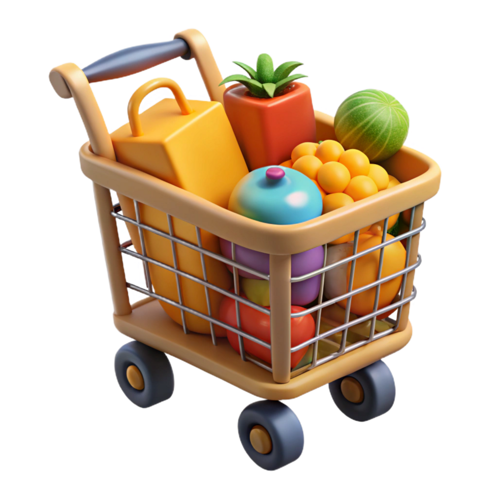 sumptuous avant-garde Shopping cart full of groceries. NO BACKGROUND with Transparent Background. flawless png