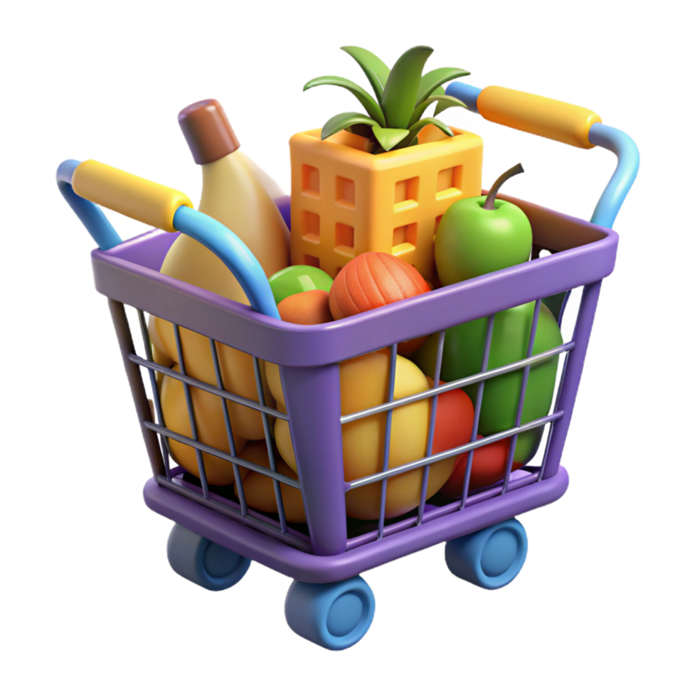 magnificent intense mid-century Shopping cart full of groceries. NO BACKGROUND with Transparent Background. sharp png