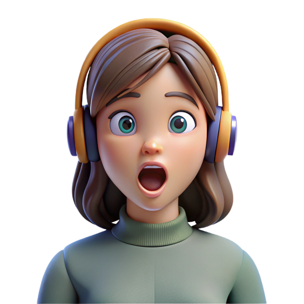 iconic creative Surprised teenage girl with headphones, NO BACKGROUND with Transparent Background. studio quality png