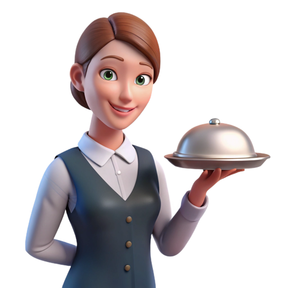 pristine joyful rustic Waitress holding tray, NO BACKGROUND with Transparent Background. genuine png