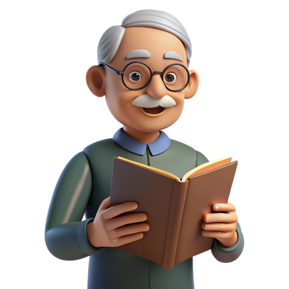 reflective immaculate Elderly man reading book, NO BACKGROUND with Transparent Background. 8K png