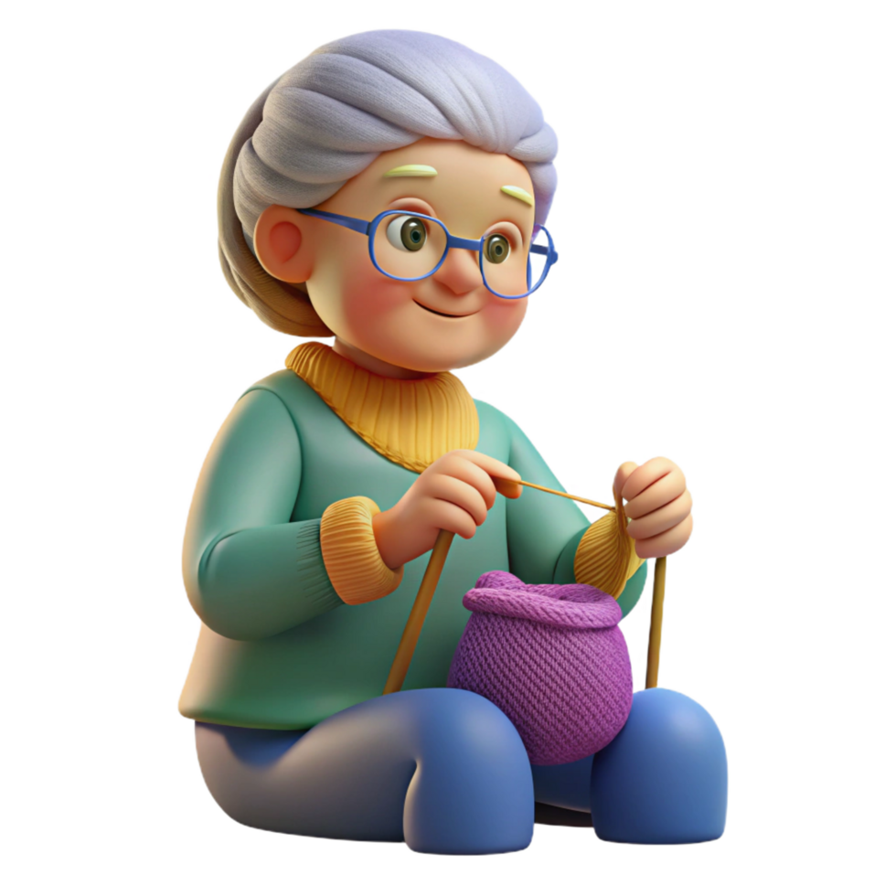 mysterious radiant Elderly woman knitting, NO BACKGROUND with Transparent Background. precision png