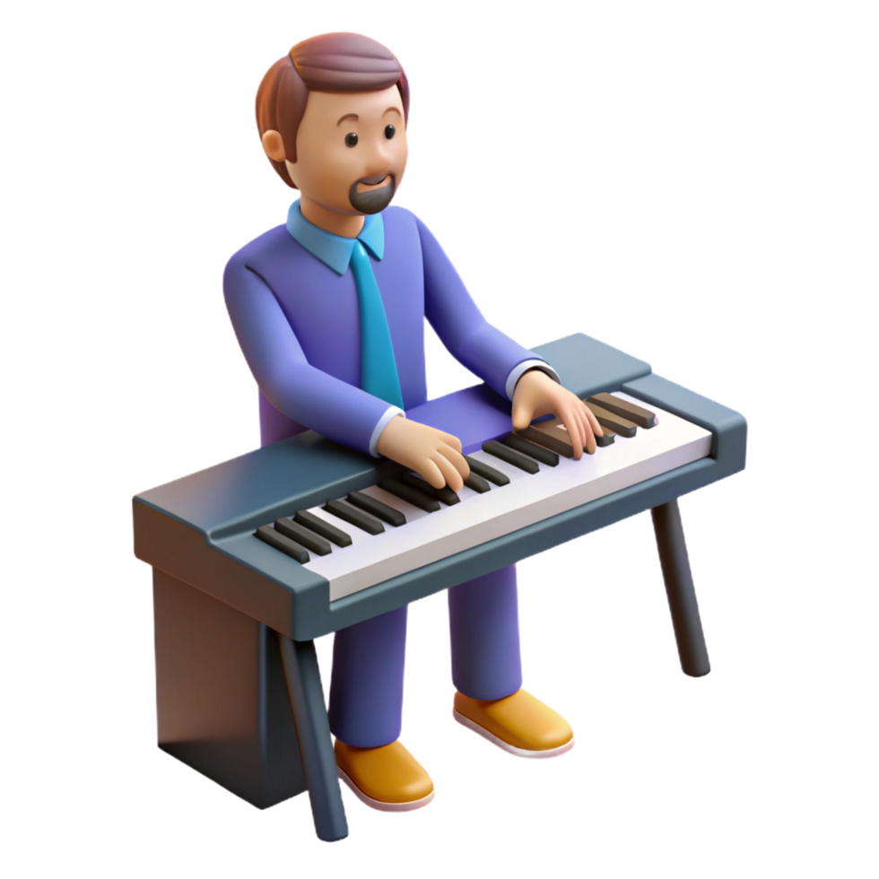 pristine joyful coastal Musician playing piano keyboard, NO BACKGROUND with Transparent Background. studio quality png