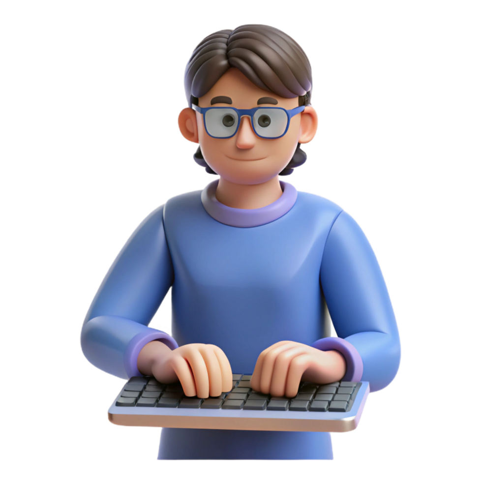 radiant notable Writer typing on keyboard, NO BACKGROUND with Transparent Background. png