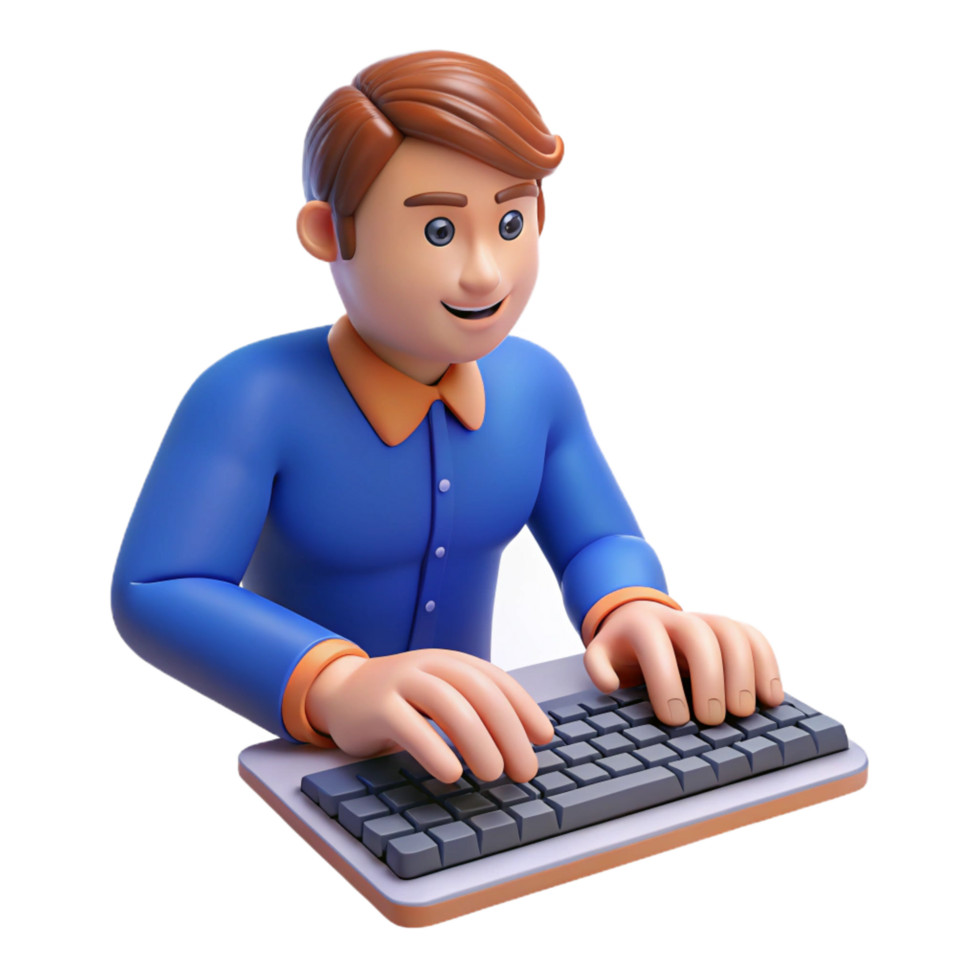 iconic mid-century Writer typing on keyboard, NO BACKGROUND with Transparent Background. masterfully captured png