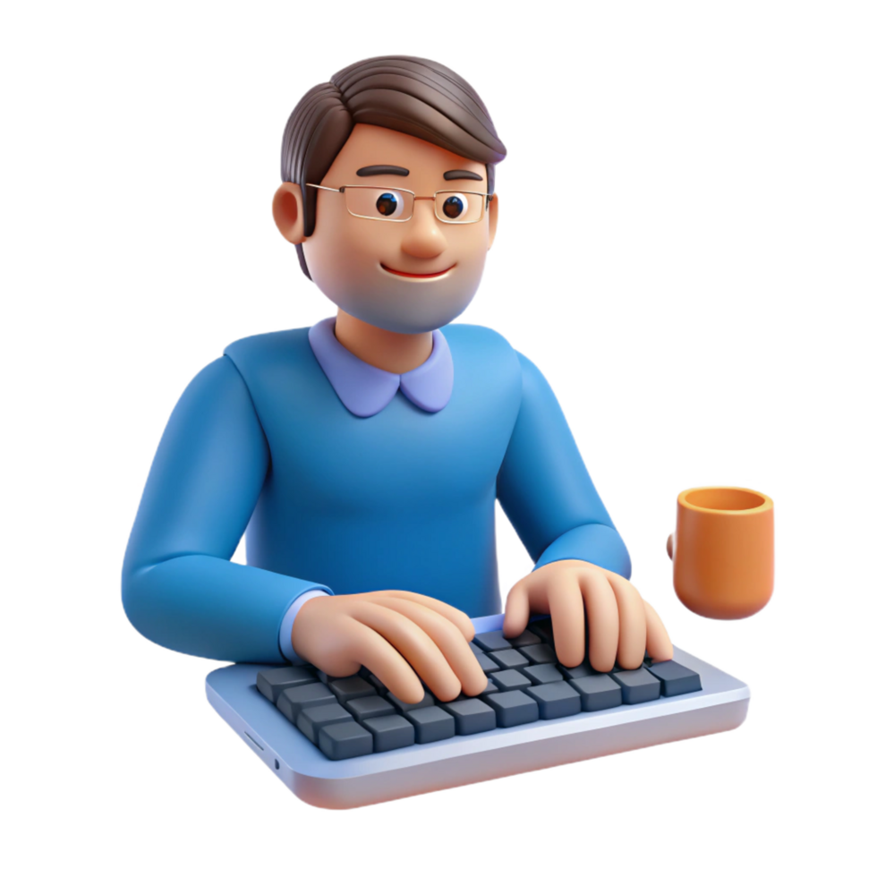 serene whimsical minimalist Writer typing on keyboard, NO BACKGROUND with Transparent Background. refined png